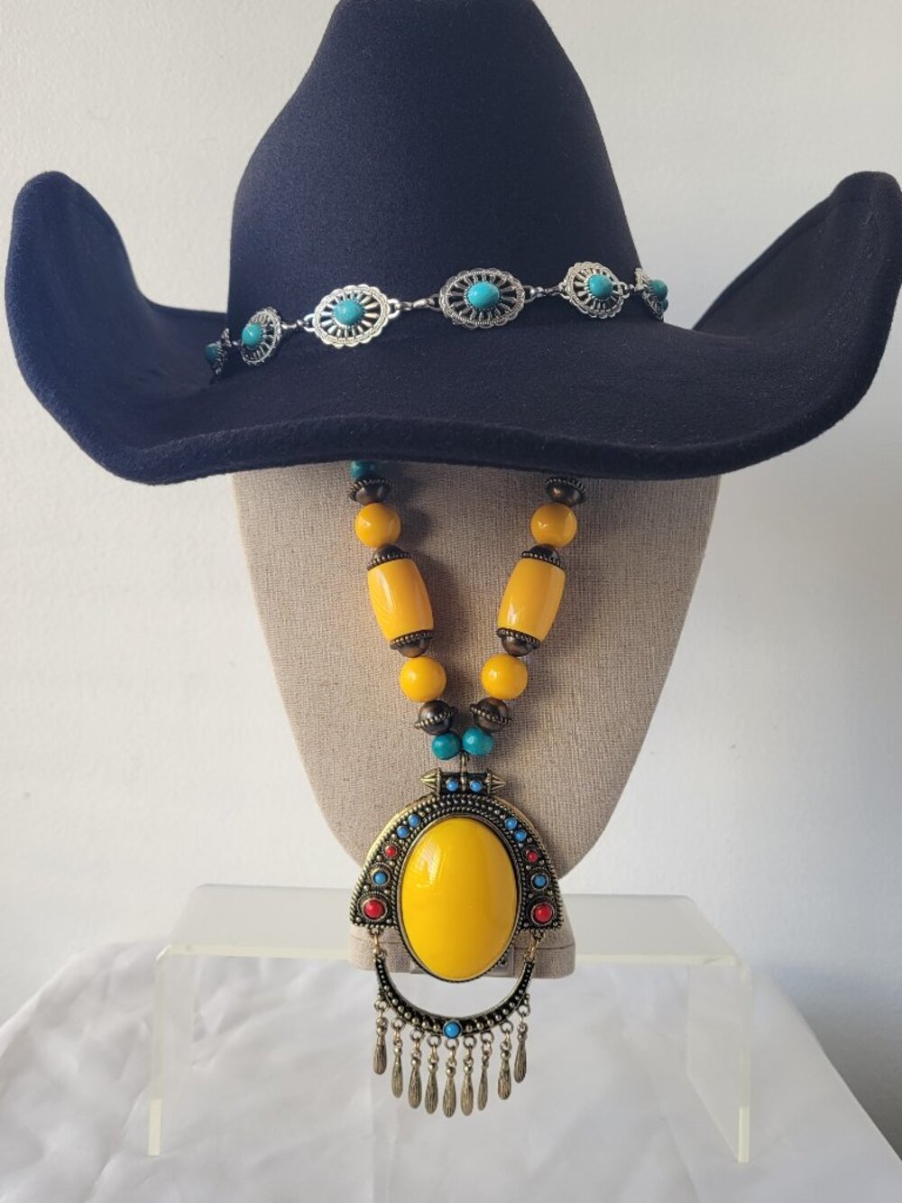 NWT FRYE Black Western Cowboy Hat Turquoise Concho Band Women’s OSF